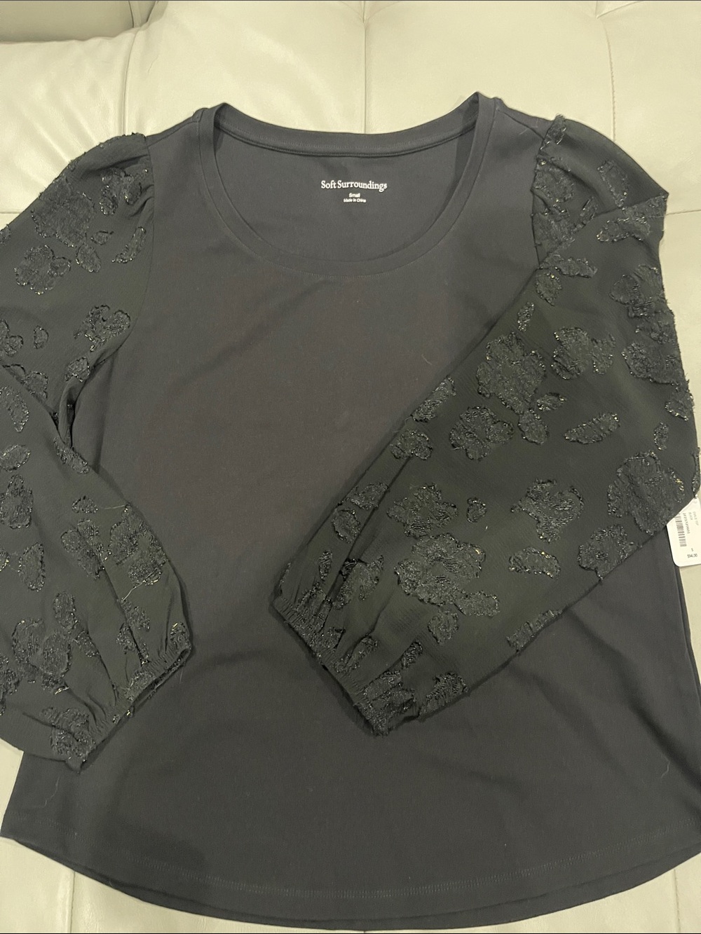 NWT Soft Surroundings Black Knit Top with Textured Semi Sheer Sleeves Sz Small